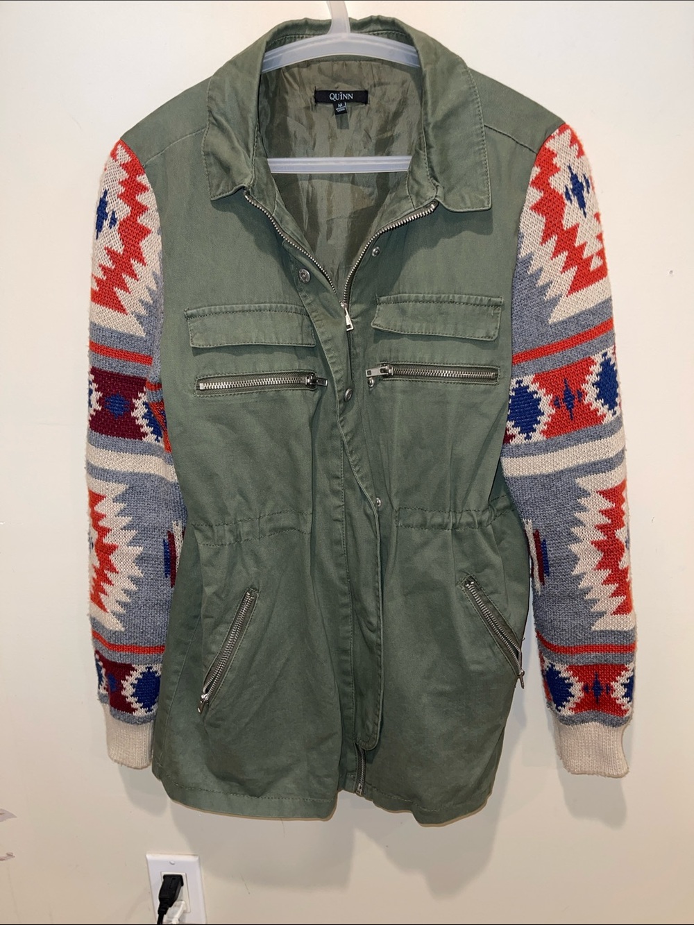 Quinn Olive Utility Jacket with Red, Blue and Cream Patterned Knit Sleeves